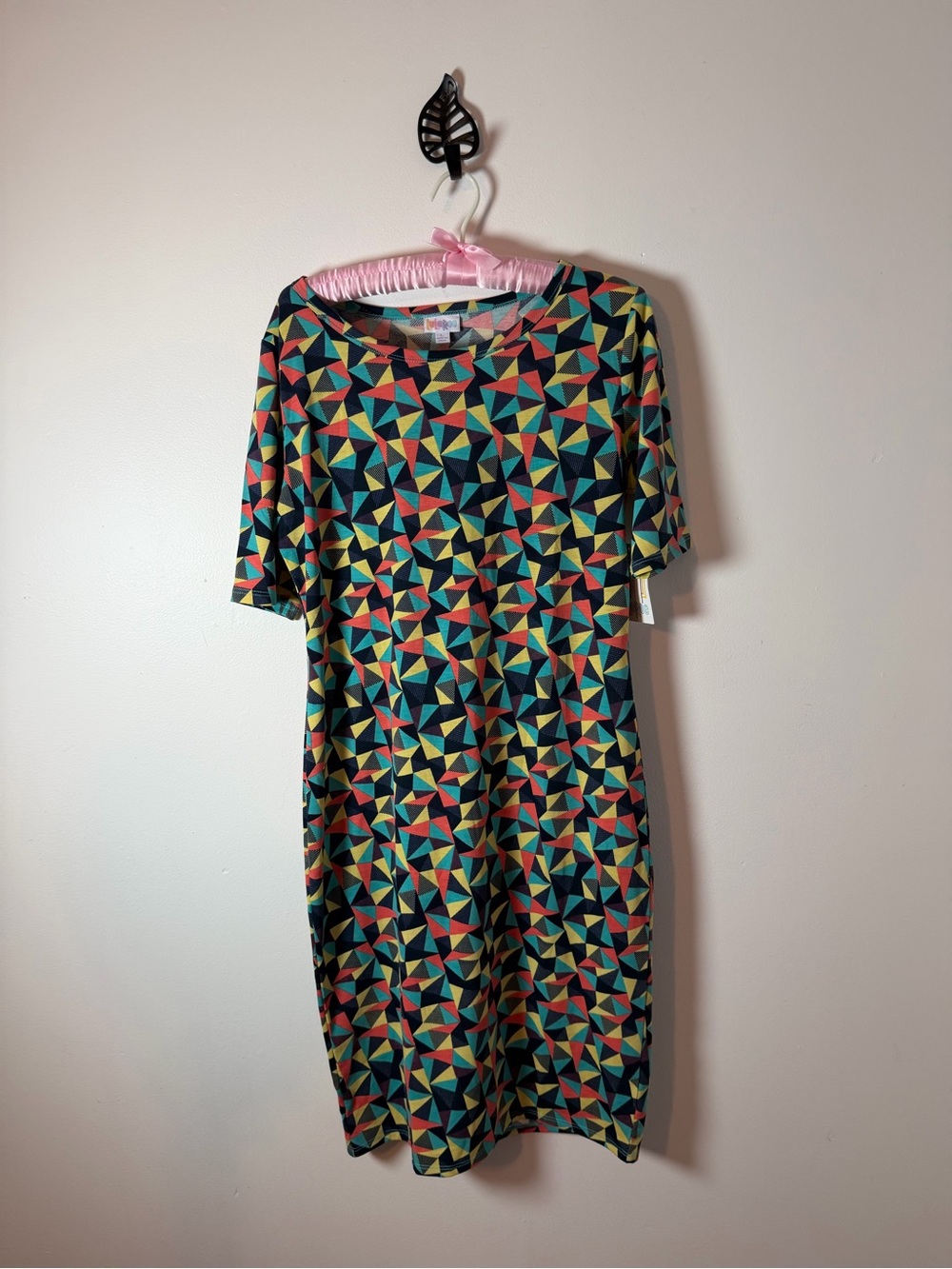 LuLaRoe Julia-L Geometric Midi Dress in Teal, Yellow,‎ Red, Pink